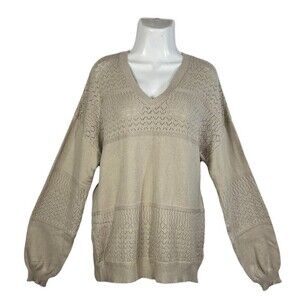 Zeagoo Boho Pointelle Knit Sweater XL Tan V-Neck Balloon Sleeve Lightweight Top